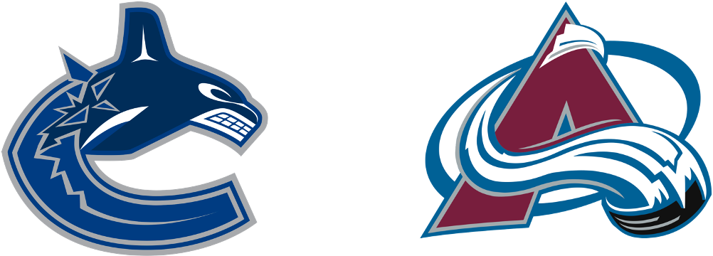 Canucks logo (blue and navy) beside the Avalanche logo (blue and red)