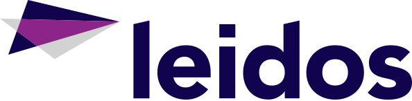 Leidos logo - purple font with icon that resembles paper airplane