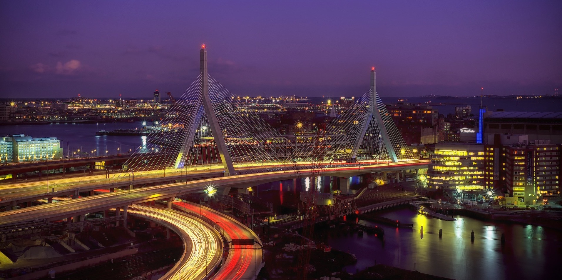 Image of Boston, MA bridge at night