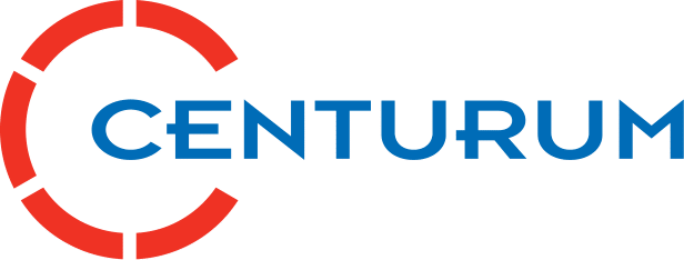 Centurum logo with blue text and red icon